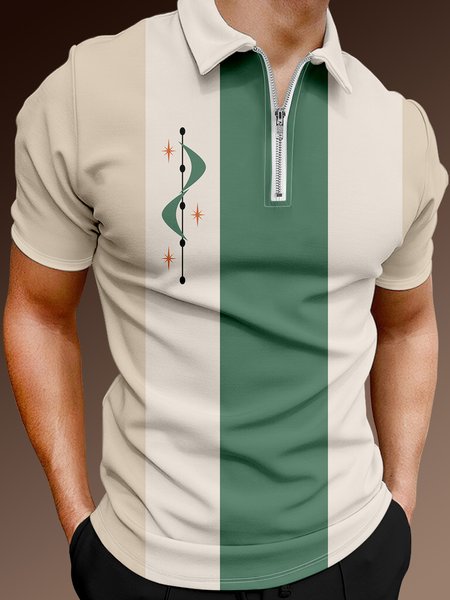 

Casual Art Collection Mid-Century Geometric Stripe Color Block Pattern Lapel Short Sleeve Polo Print Top, Khaki, Men's t-shirts