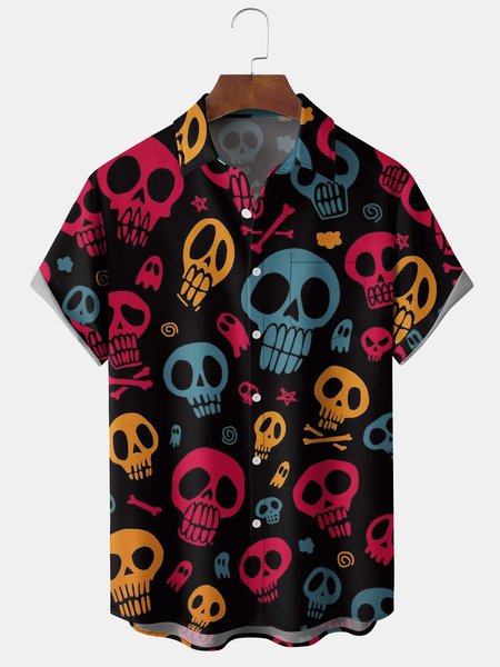

Men's Halloween Skull Print Casual Breathable Short Sleeve Shirt, Black, Short Sleeve Shirts