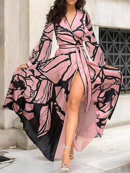 

Autumn X-Line Regular Fit Long sleeve V Neck Daily Dresses, Pink, Maxi Dresses