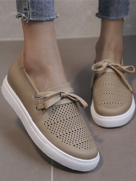 Soft Sole Cutout Breathable Lace-Up Flats, Khaki, Sneakers