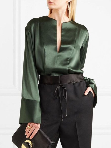 

Elegant V Neck Plain Long Sleeve Top, Green, Blouses and Shirts
