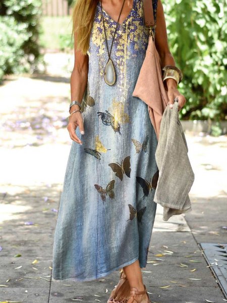 

Casual Resort Butterfly Design V-Neck Tank Top Dress, Light blue, Dresses
