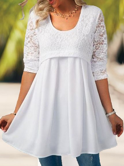 

Lace Sleeve Plain Crew Neck Tops, White, Shirts & Blouses