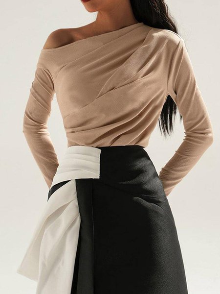 

Plain Asymmetrical Regular Fit Daily Top, Light camel, Tees