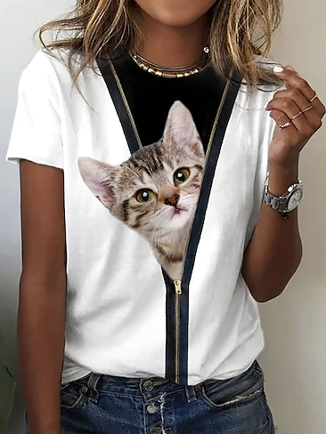 

Loose Animal Cotton-Blend Tops, White, T-Shirts
