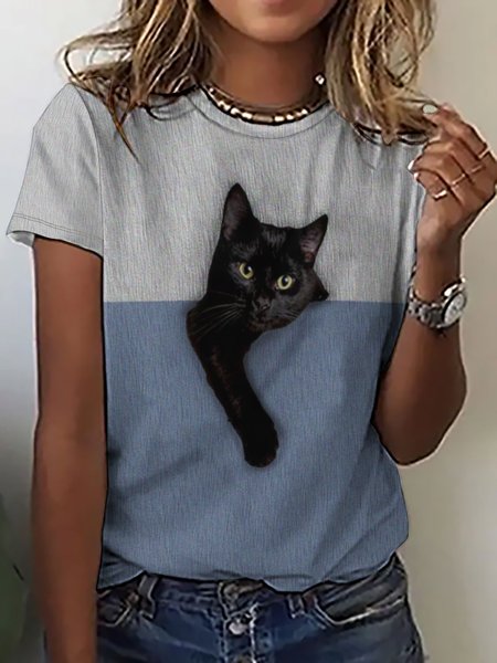 Women Funny Collision Color Basement Cat Loose Simple Crew Neck T-Shirt