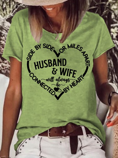 

Womens Husband And Wife Always Heart To Heart Letters Casual T-Shirt, Green, T-shirts