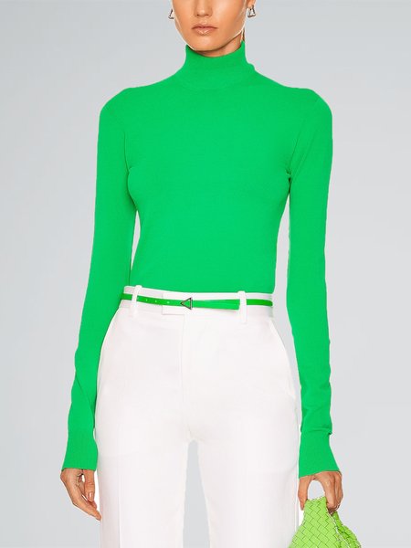 

Plain Turtleneck Simple Long Sleeve Sweater, Green, Pullovers