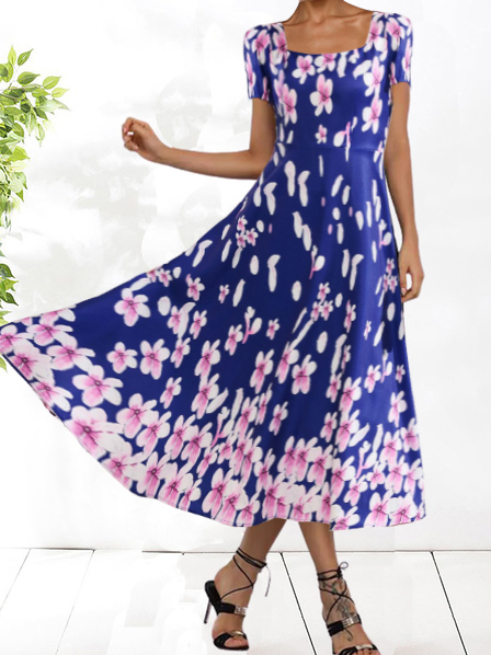 

Floral Print Navy Blue Square Collar Dress, Dresses