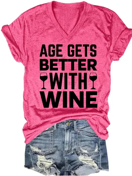 

Womens Funny Alcohol Letters Casual V Neck T-Shirt, Pink, T-shirts