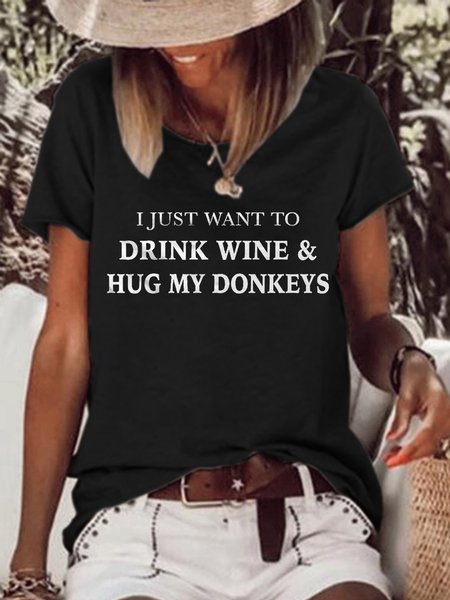 

Women Funny Donkey I Just Want To Drink Wine And Hug My Donkeys Simple Cotton-Blend T-Shirt, Black, T-shirts