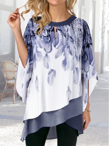 

Floral Elegant Crew Neck Tops, Dark blue, Shirts & Blouses