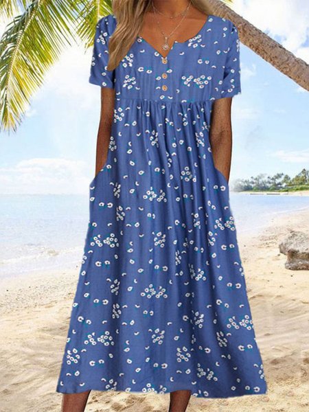 

Casual Floral Loose Notched Neck Dresses, Blue, Dresses
