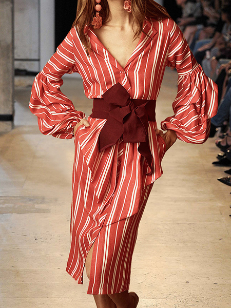 

Autumn H-Line No Elasticity Striped Long sleeve Dresses, Red, Midi Dresses