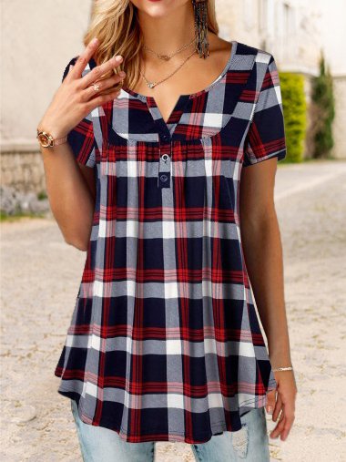

Casual Plaid Regular Fit Half Open Collar T-Shirt, Red, T-Shirts