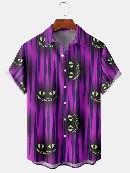 

Casual Festive Collection Geometric Stripes Halloween Grimace Element Pattern Lapel Short Sleeve Shirt Print Top, Purple, Shirts ＆ Blouse
