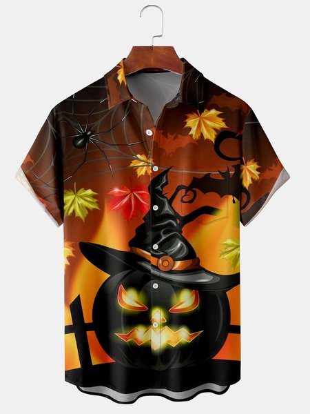 

Men's Halloween Pumpkin Print Casual Breathable Hawaiian Short Sleeve Shirt, Black, Men's Floral shirt