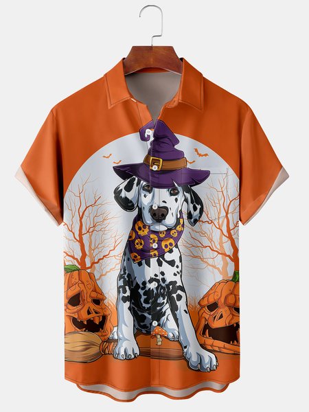

Men's Halloween Fun Pet Print Casual Breathable Short Sleeve Shirt, Orange, Men's Floral shirt