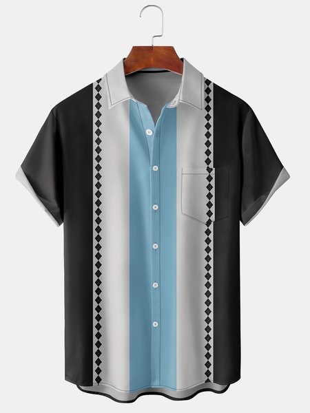 

Casual Art Collection Striped Geometric Color Block Pattern Lapel Short Sleeve Shirt Print Top, Black, Men's Floral shirt