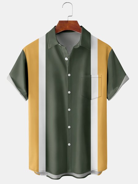 

Casual Art Collection Striped Geometric Color Block Pattern Lapel Short Sleeve Shirt Print Top, Green, Shirts ＆ Blouse
