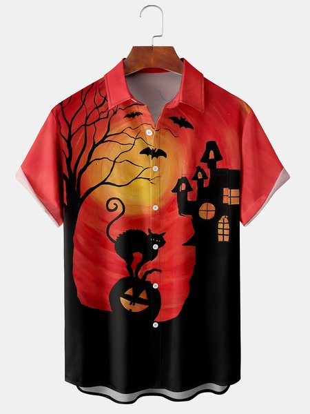 

Casual Style Festival Series Gradient Color Halloween Cat Pumpkin Element Pattern Lapel Short-Sleeved Shirt Print Top, Red, Shirts ＆ Blouse