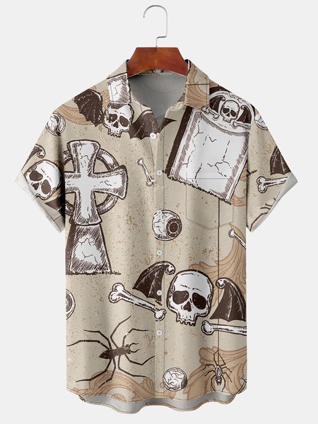 

Men's Halloween Skull Print Casual Breathable Short Sleeve Shirt, Khaki, Men's Floral shirt