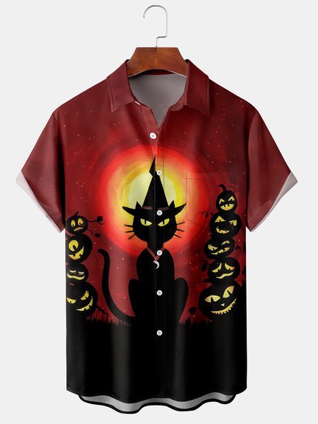 

Casual Style Festival Series Gradient Color Halloween Cat Pumpkin Element Pattern Lapel Short-Sleeved Shirt Print Top, Deep red, Shirts ＆ Blouse