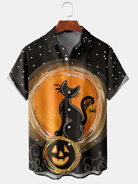 

Casual Festive Collection Gradient Halloween Cat and Spider Pumpkin Element Pattern Lapel Short Sleeve Shirt Print Top, Dark gray, Shirts ＆ Blouse