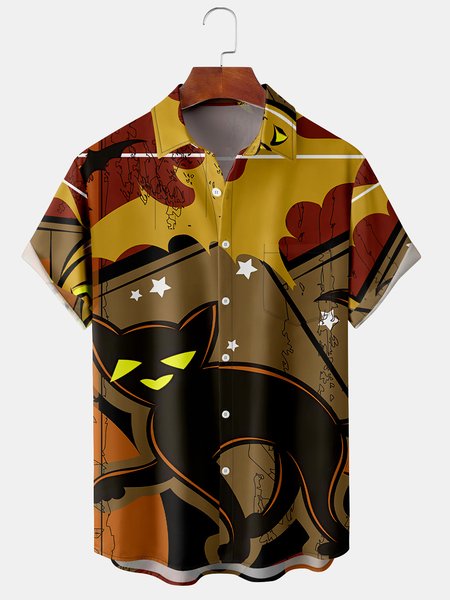 

Men's Halloween Retro Geometric Cat Print Casual Breathable Short Sleeve Shirt, Brown, Men's Floral shirt