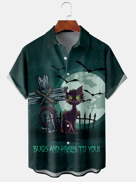 Men's Halloween Black Cat Print Casual Breathable Short Sleeve Shirt, Darkgreen, Men's Floral shirt