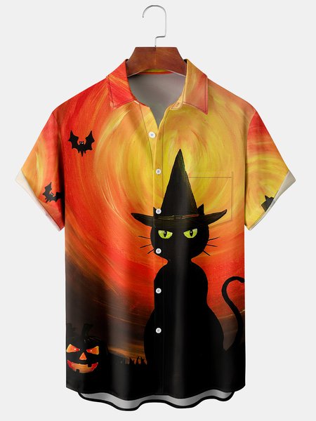 

Men's Halloween Black Cat Print Casual Breathable Short Sleeve Shirt, Brick red, Men's Floral shirt