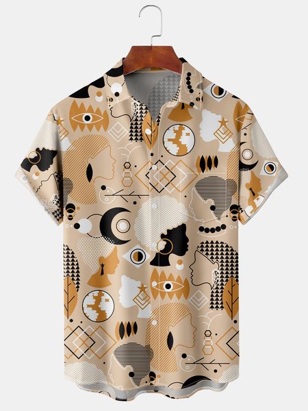 

Men's Retro Geometric Print Casual Breathable Short Sleeve Shirt, Apricot, Men's Floral shirt