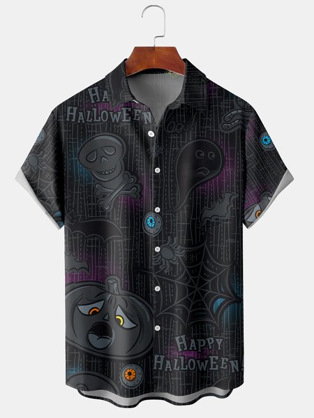 

Men's Halloween Retro Pumpkin and Skull Flower Casual Breathable Short Sleeve Shirt, Black-purple, Men's Floral shirt