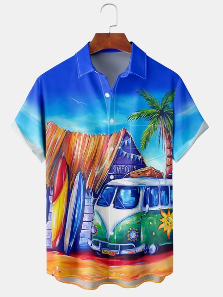 

Holiday Style Hawaiian Series Gradient Plant Leaves Coconut Tree Car Element Pattern Lapel Short-Sleeved Printed Shirt Top, Blue, Shirts ＆ Blouse