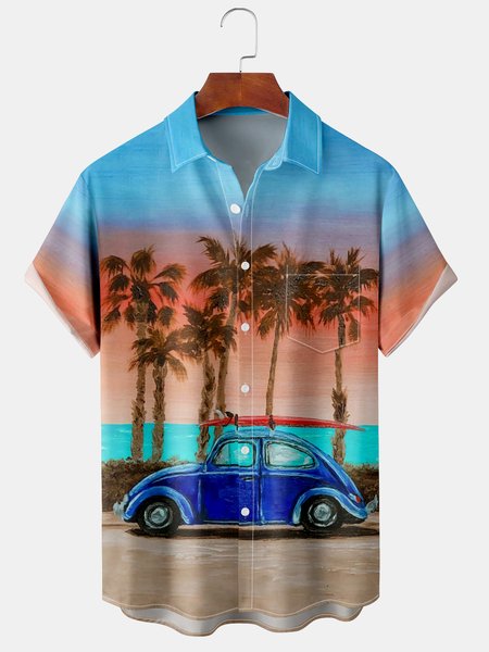 

Holiday Style Hawaiian Series Gradient Plant Leaves Coconut Tree Car Element Pattern Lapel Short-Sleeved Printed Shirt Top, Multicolor, Shirts ＆ Blouse