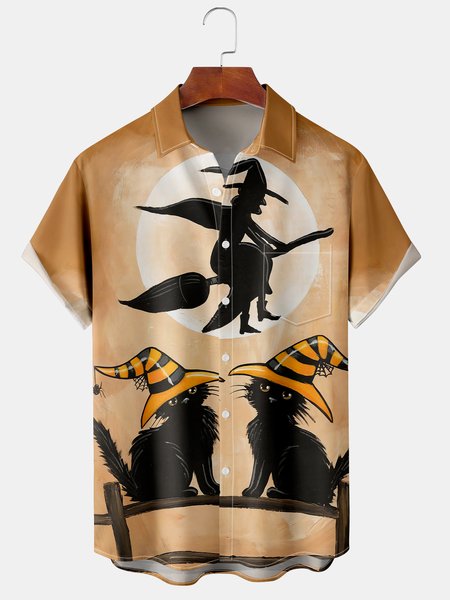 

Men's Halloween Retro Cat and Witch Print Casual Breathable Short Sleeve Shirt, Khaki, Men's Floral shirt