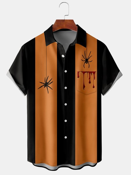 

Men's Halloween Spider Print Casual Vintage Breathable Short Sleeve Shirt, Black, Men's Floral shirt