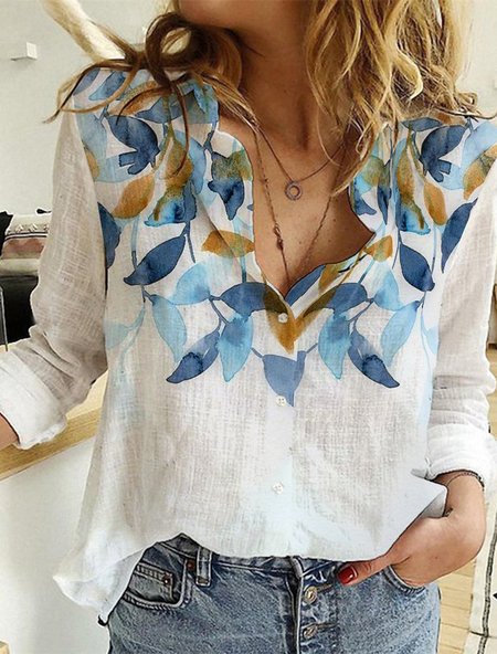 

Casual Shawl Collar Casual Leaf Long sleeve Blouse, White, Blouses & Shirts