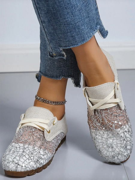 

Breathable Hollow Soft Sole Lace-Up Shoes, Silver, Flats