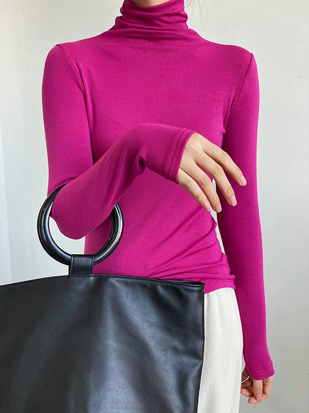 

Turtleneck Simple Plain Long Sleeve Top, Rose red, Tops