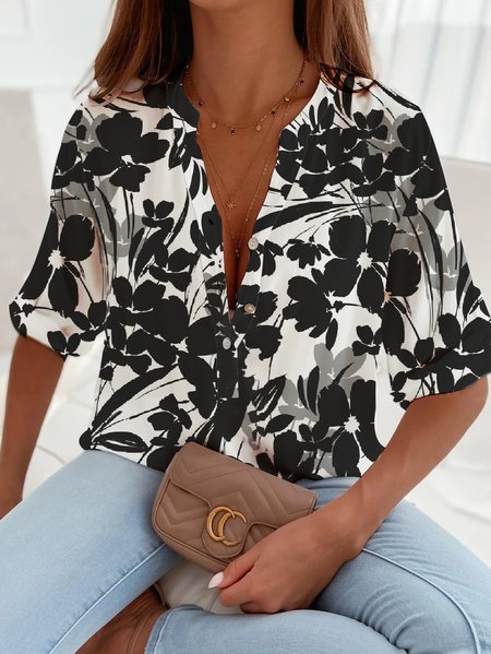 

Casual Foliage Floral Design Long Sleeve Shirt, Black, Shirts & Blouses