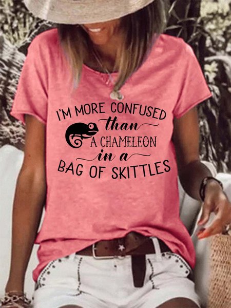 

Women Chameleon Printing Loose Letter T-Shirt, Pink, T-shirts