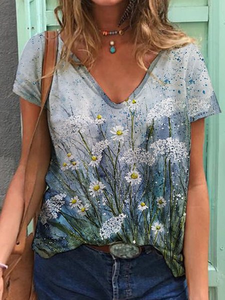 

Casual Daisy Floral Design Knit Short Sleeve T-Shirt, Multicolor, T-Shirts