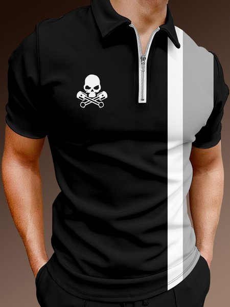 

Casual Music Collection Geometric Striped Skull Pattern Lapel Short Sleeve Polo Print Top, Black, Polos