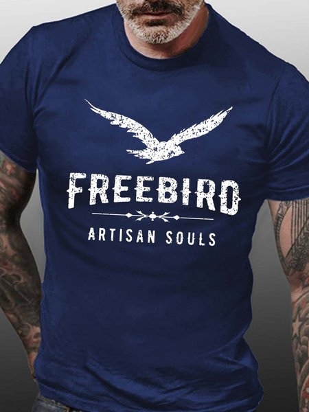 

Men Bird Letter Printing Fit Text Letters Casual T-Shirt, Blue, T-shirts