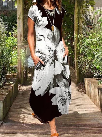 

Floral Crew Neck Regular Fit Dresses, Black-white, Dresses