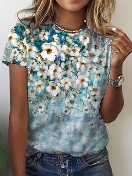 

Casual Floral Design Short Sleeve Knit Top, Multicolor, T-Shirts