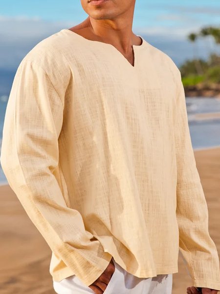 

Men's Cotton Comfortable Casual Solid Color Pullover Long Sleeve, Apricot, Shirts ＆ Blouse