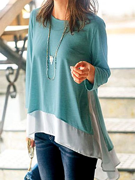 

Color Block Crew Neck Irregular Craftsmanship T-Shirt, Cyan, Tunics
