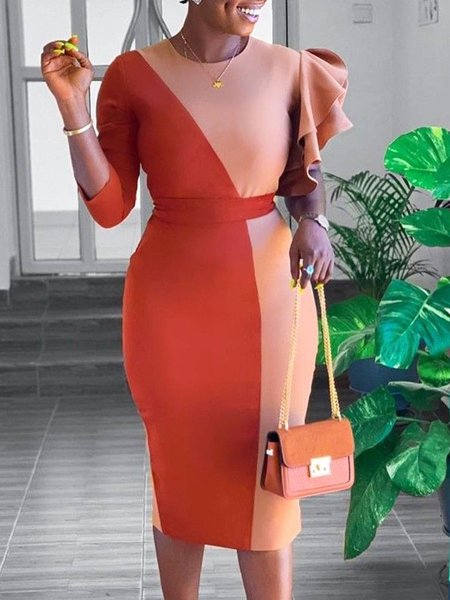 

Elegant Crew Neck Color Block Three Quarter Flouncing Dress, Orange, Midi Dresses